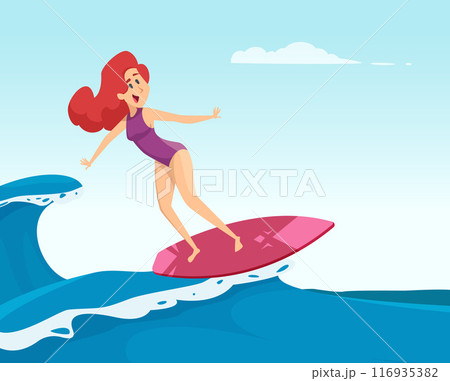 serfing. sport beautiful woman in red swimsuit riding on serfing board 116935382