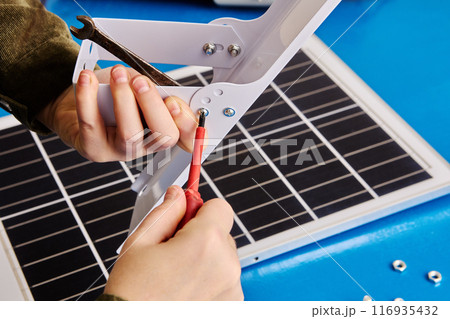 Solar panel holder mounting bracket is assembled for street lighting based on green technology. 116935432