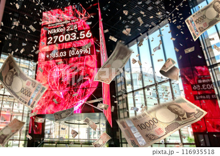 東京証券取引所と舞い落ちる一万円札、破産破滅のイメージ 東京証券取引所と舞い落ちる一万円札、破産破滅のイメージ 116935518