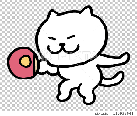 A cute white cat character with narrow eyes playing various sports 116935641