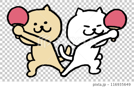 A cute white cat character with narrow eyes playing various sports 116935649