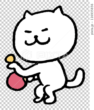 A cute white cat character with narrow eyes playing various sports 116935656