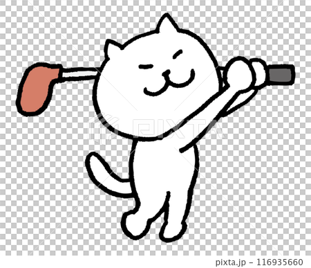 A cute white cat character with narrow eyes playing various sports 116935660