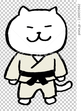 A cute white cat character with narrow eyes playing various sports 116935662
