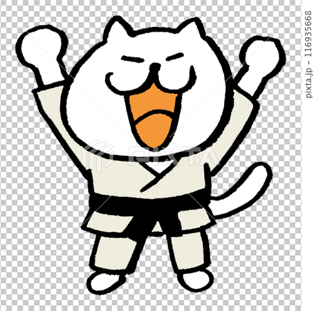 A cute white cat character with narrow eyes playing various sports 116935668