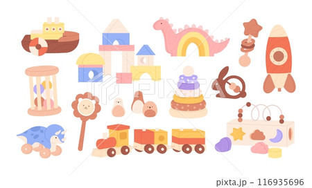 Cartoon wooden toys. Isolated vintage wood toy, cubes dino spaceship train. Preschool children education games, kindergarten racy vector elements 116935696