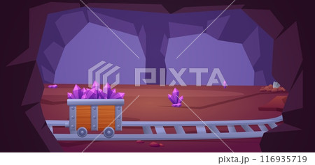 Mining cave with jewelry. Wooden trolley on rails, gem stones. Cartoon tunnel in mountain with crystals and nuggets, vector background Mining cave with jewelry. Wooden trolley on rails, gem stones. Cartoon tunnel in mountain with crystals and nuggets, vector background 116935719