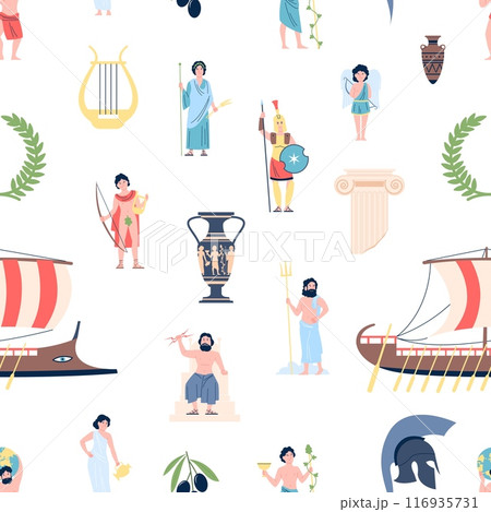 Flat greek gods and symbols. Olive tree branch ship antique column and amphora. Greece style seamless pattern, vector print design Flat greek gods and symbols. Olive tree branch ship antique column and amphora. Greece style seamless pattern, vector print design 116935731