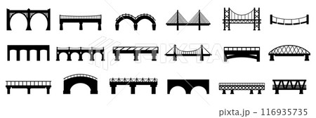 Bridge black silhouettes. Urban industrial architecture constructions, city design elements. Different bridges for town and village, nowaday vector icons Bridge black silhouettes. Urban industrial architecture constructions, city design elements. Different bridges for town and village, nowaday vector icons 116935735