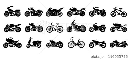 Black motorcycle icons. Motorbike and bicycle for sport and transportation. Flat delivery transport, isolated urban bikes nowaday vector set Black motorcycle icons. Motorbike and bicycle for sport and transportation. Flat delivery transport, isolated urban bikes nowaday vector set 116935736