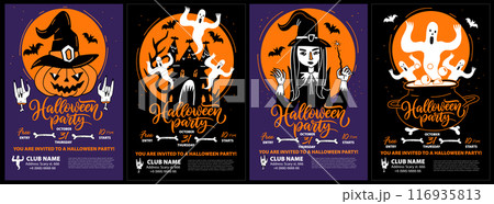 Halloween party poster set. Halloween design template for club party events and invitations card with funny holiday themed characters and calligraphy text layout Halloween party poster set. Halloween design template for club party events and invitations card with funny holiday themed characters and calligraphy text layout 116935813