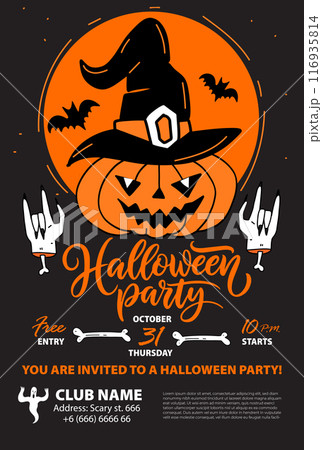 Halloween party poster design, flyer or invitation with Pumpkin Lantern Jack in carnival witch hat. Halloween party banner design template. 116935814