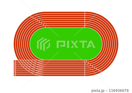 Red running track with green grass field. Stadium top view. Racetrack for sprint, marathon or other athletic sports competition isolated on white background. Vector flat illustration Red running track with green grass field. Stadium top view. Racetrack for sprint, marathon or other athletic sports competition isolated on white background. Vector flat illustration 116936078