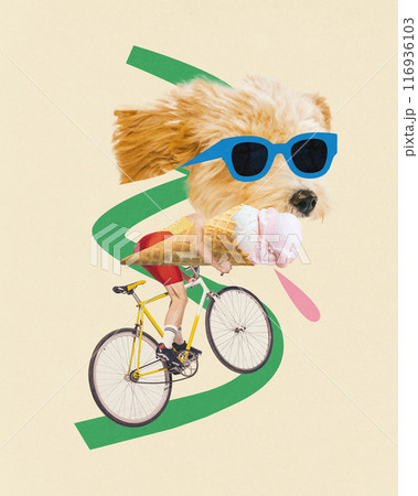Contemporary art collage. Dog-headed cyclist wearing blue sunglasses, riding bike and eating large ice cream cone, with green line, as road in background. Contemporary art collage. Dog-headed cyclist wearing blue sunglasses, riding bike and eating large ice cream cone, with green line, as road in background. 116936103