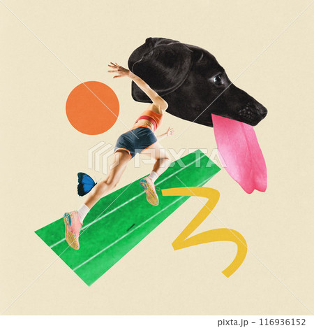 Contemporary art collage. Fast runner with huge dog's head with sticking out tongue running on track against beige background. 116936152
