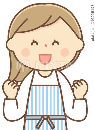 ガッツポーズをするエプロンをした主婦 116936198