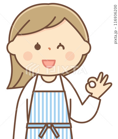 オッケーサインをするエプロンをした主婦 116936200