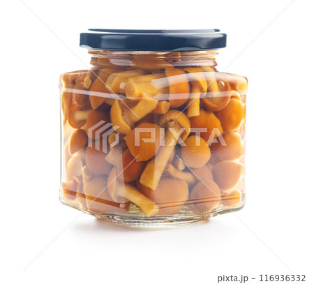 Pickled nameko mushrooms.Traditional japanese mushrooms in jar isolated on white background. Pickled nameko mushrooms.Traditional japanese mushrooms in jar isolated on white background. 116936332