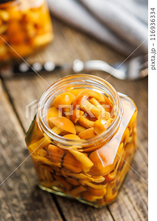 Pickled nameko mushrooms.Traditional japanese mushrooms in jar on wooden table. Pickled nameko mushrooms.Traditional japanese mushrooms in jar on wooden table. 116936334