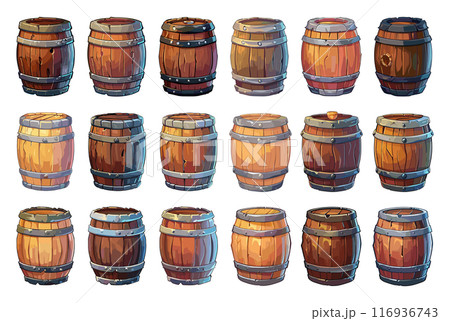 Oak Barrels Icon Set Simple Vector Cartoon Style White Background Wooden Barrels Storage Containers Wine Aging Whiskey Barrels Brewing Barrels Graphic Design Elements Oak Barrels Icon Set Simple Vector Cartoon Style White Background Wooden Barrels Storage Containers Wine Aging Whiskey Barrels Brewing Barrels Graphic Design Elements 116936743