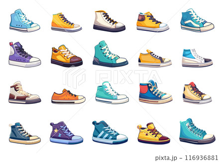 Cartoon Mens and Womens Shoes Icon Set Simple Vector Cartoon Style White Background Fashion Footwear Collection Sneakers Athletic Shoes Casual Shoes Graphic Design Elements 116936881