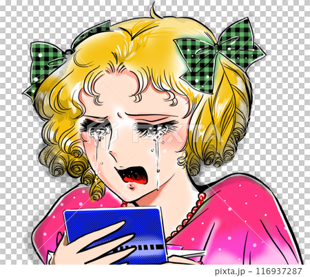 70 年代女孩卡通因銀行存摺缺乏餘額而哭泣和尖叫，金髮美女和透明背景 116937287