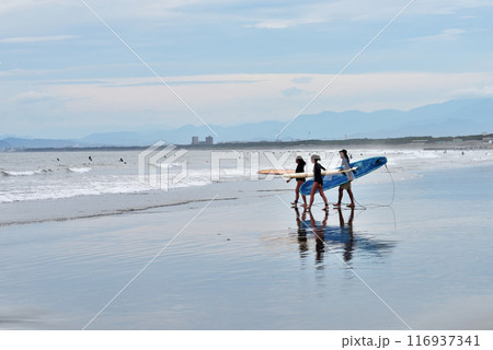 潮が引いた片瀬西浜海岸の三人のサーファー 潮が引いた片瀬西浜海岸の三人のサーファー 116937341
