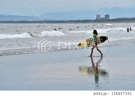 潮が引いた片瀬西浜海岸の女性サーファー 潮が引いた片瀬西浜海岸の女性サーファー 116937342