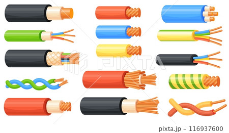 Copper cable wires. Electrical wire, electric conductor energy power cables fiber connection insulation electricity supply cord industrial network cartoon neat vector illustration Copper cable wires. Electrical wire, electric conductor energy power cables fiber connection insulation electricity supply cord industrial network cartoon neat vector illustration 116937600