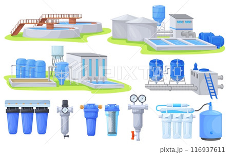 Water purification industry. Wastewater treatment industrial aqua filters, watertank clean liquid reservoir plant sewage filtration tubes pipe system, set neat vector illustration 116937611