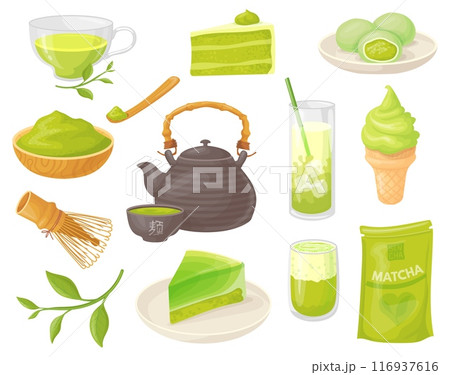 Cartoon matcha tea. Japanese herbal green tea ceremony, hot beverage mug powder spoon herb leaves pie organic ingredient oriental japan chinese tradition, neat vector illustration 116937616