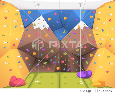 Indoor climbing park. Child bouldering gym with rock climbing cliff wall grips mats and ropes, kids sport climb workout game area playground cartoon room classy vector illustration 116937625