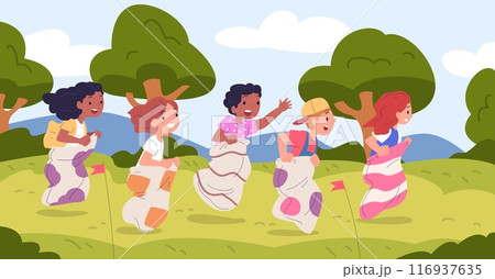 Kid sack race. Children competition jump in sacks, summer outdoor fun game happy young jumping boys and girls play outside indonesian independence day, classy vector illustration Kid sack race. Children competition jump in sacks, summer outdoor fun game happy young jumping boys and girls play outside indonesian independence day, classy vector illustration 116937635