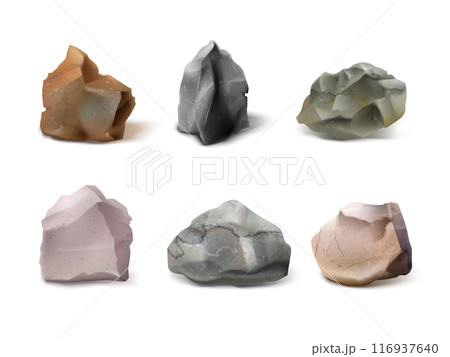 Realistic rock stone. 3d isolated stones, nature boulder mountain rocks different shape volcanic basalt stoned granite rocky rubble, geology materials set exact vector illustration Realistic rock stone. 3d isolated stones, nature boulder mountain rocks different shape volcanic basalt stoned granite rocky rubble, geology materials set exact vector illustration 116937640
