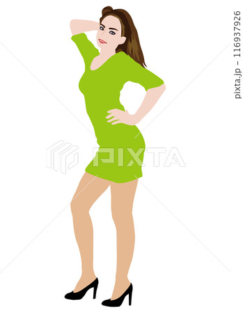 一般人モデル風の普通の体型の女性のモデルがさまざまな服装でポーズをしているイラスト・ミニスカ03 116937926