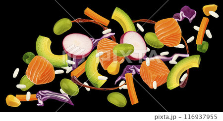 Falling salmon poke ingredients isolated on black background 116937955
