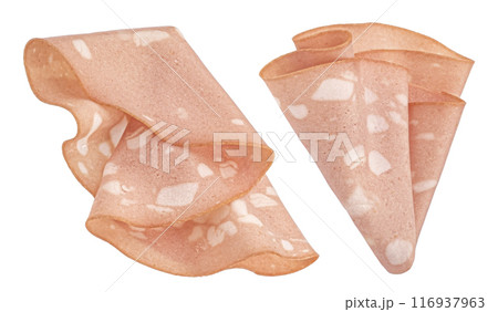 Mortadella sausage slices isolated on white background with clipping path, full depth of field 116937963