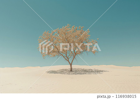 Lonely tree growing under amazing blue sky at drought desert landscape. Nature background. AI Generated. 116938015