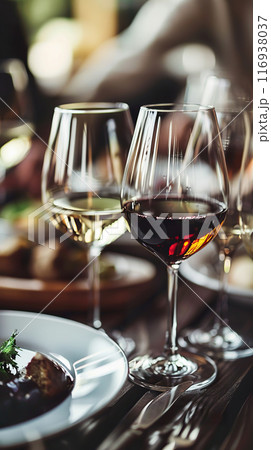 Elegant Wine Tasting Session with Red and White Wine Glasses on Table. 116938037
