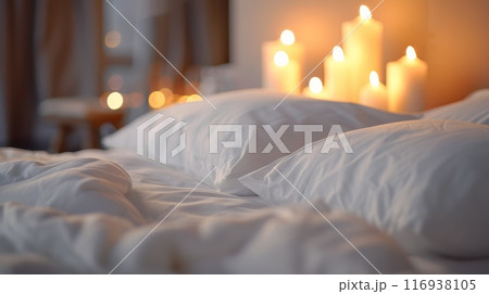 Bedroom with candle. Cozy apartment, comfort interior with bed. Aroma spa decoration. Hygge furniture, grey blanket 116938105
