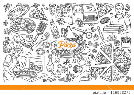 Pizza in process preparation and delivery, near chef and ingredients for recipe. Hand drawn doodle Pizza in process preparation and delivery, near chef and ingredients for recipe. Hand drawn doodle 116938273