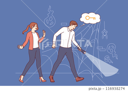 Adventure quest game in scary basement with cobwebs and ghosts for cheerful man and woman Adventure quest game in scary basement with cobwebs and ghosts for cheerful man and woman 116938274