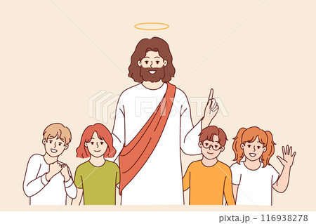 Jesus christ smiles standing with children, preaching kindness to followers of christian religion 116938278