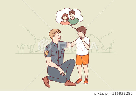 Kind policeman helps boy who has lost parents and sad because is afraid of not finding mom and dad 116938280