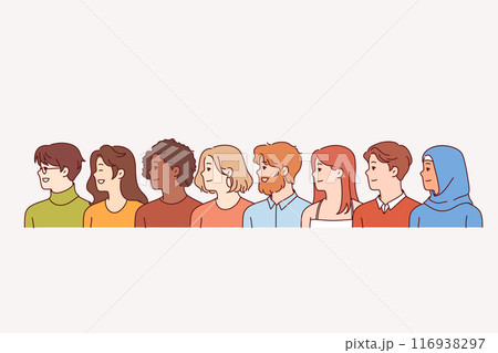 Multinational men and women of different races or religions stand in row, demonstrating unity 116938297