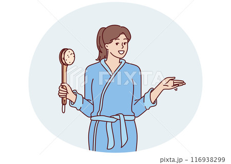 Woman in bathrobe holding shower brush in hand going to take bath and do self bodycare 116938299