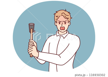 Crazy man threatens to hit with hammer and screams suffering from mental disorder causing aggression 116938302
