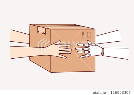 Synergy of human and robot working together in logistics and holding cardboard box with order 116938307