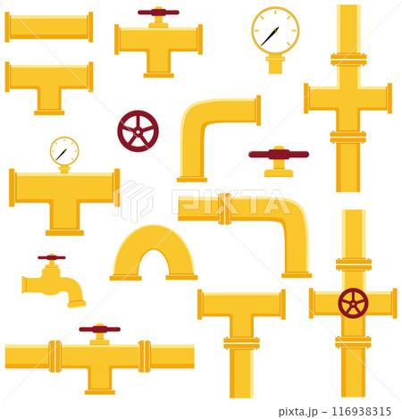 A set of industrial pipelines. Oil, water or gas pipeline with fittings and valves. Isolated vector illustration A set of industrial pipelines. Oil, water or gas pipeline with fittings and valves. Isolated vector illustration 116938315