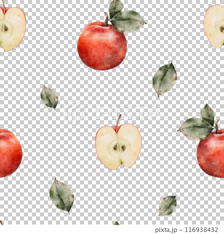 Seamless pattern of fresh red apples with leaves. Food texture. Repeating red, juicy apples whole. Watercolor Illustration fruit for juice pack, tablecloth, cover, apron, apple picking or food 116938432